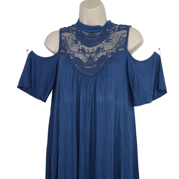 Signature Studio Cold Shoulder Navy Blue Shift Dress Women Size M High Neck Lace - Picture 2 of 9